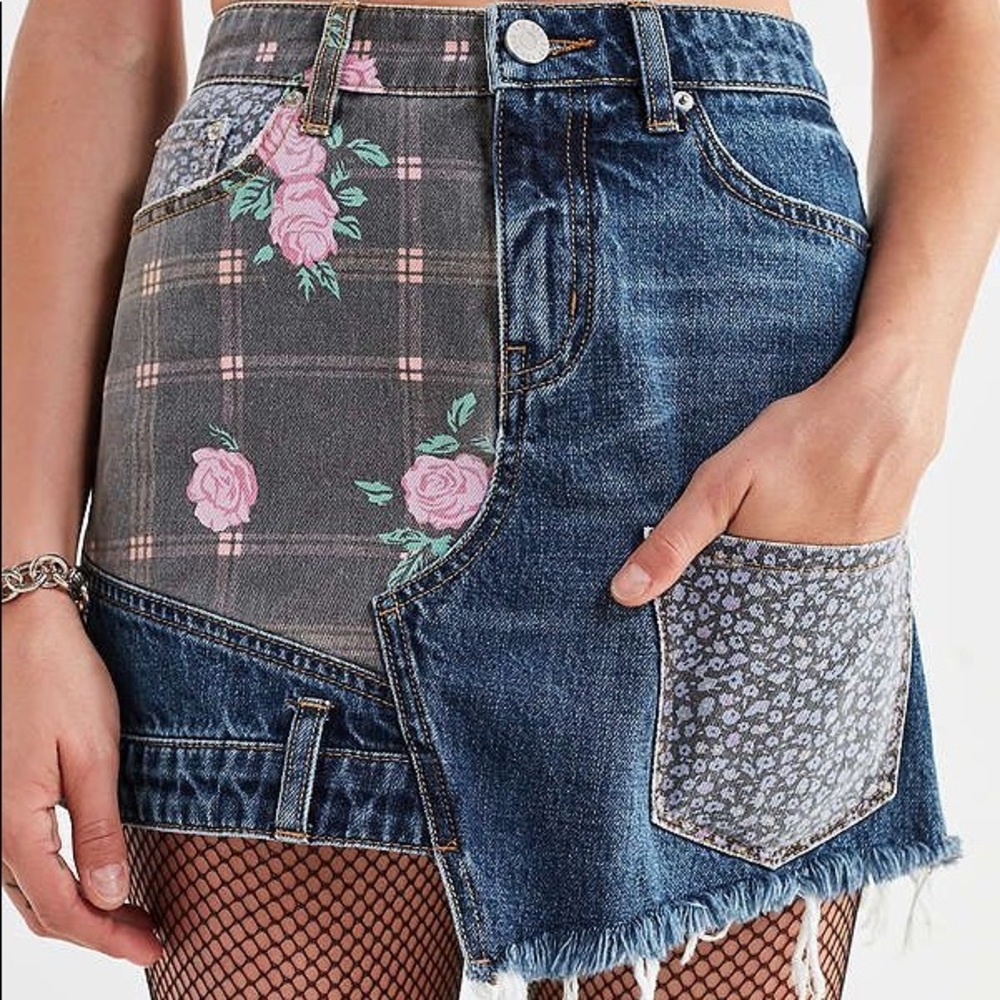 Urban Outfitters Patchwork Floral Mini Denim Skirt